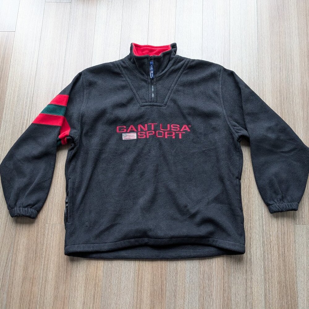 Vintage GANT USA Rugger Fleece Half Zip Sweatshirt - Men's Large - black & red